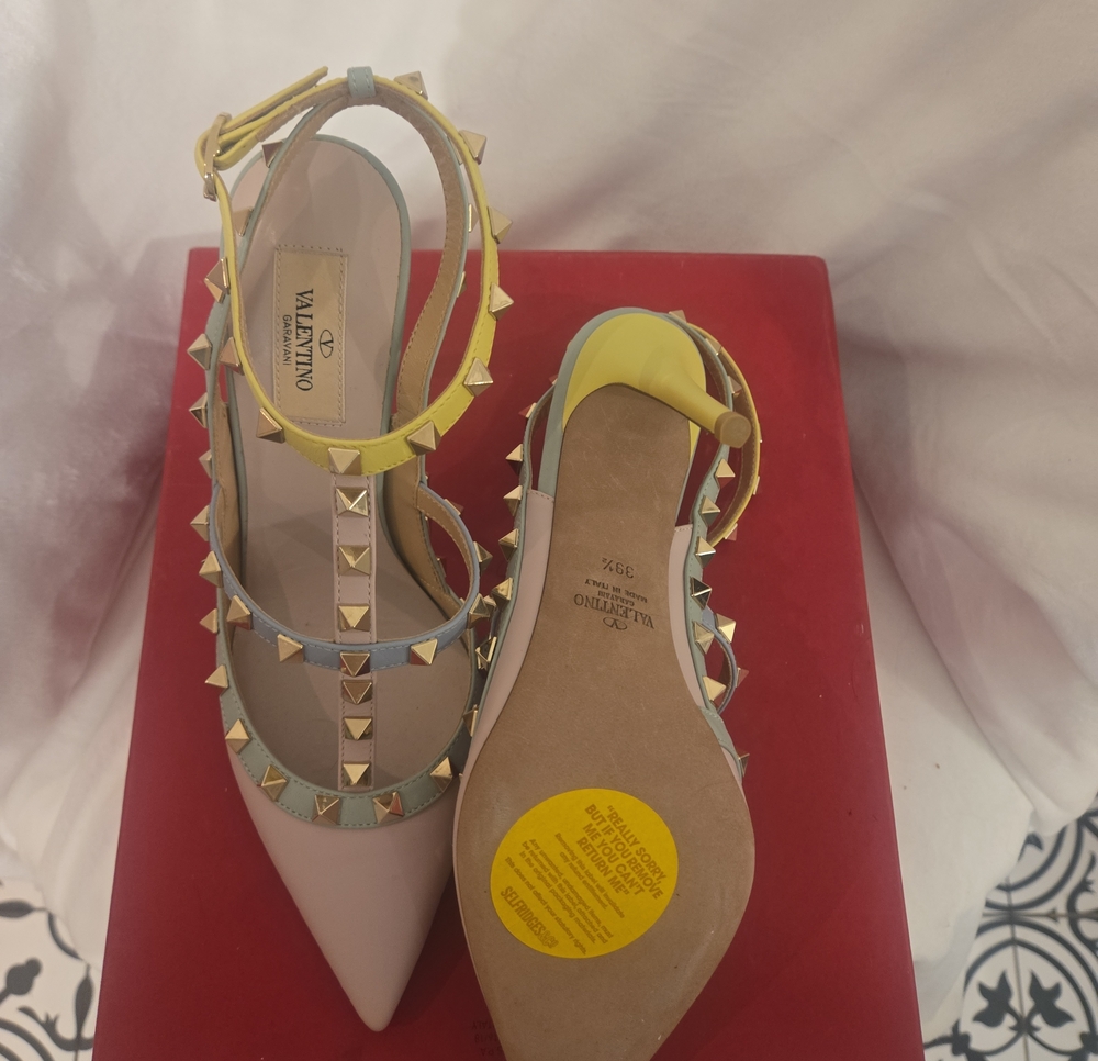 Valentino Multicolor Rockstud Pointed T-Strap Heels in Pink, Yellow & Pale Blue